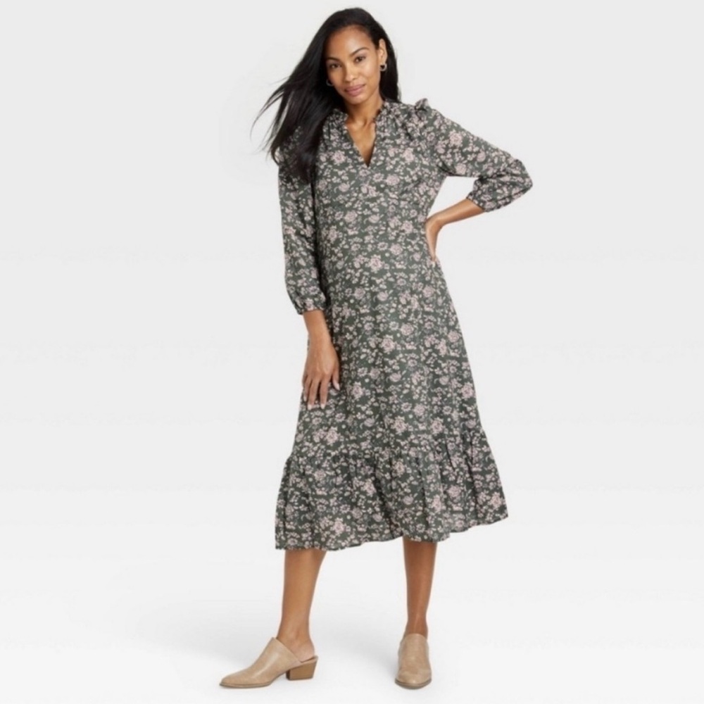 The Nines by Hatch Olive Floral Boho Midi Maternity Dress Size Small